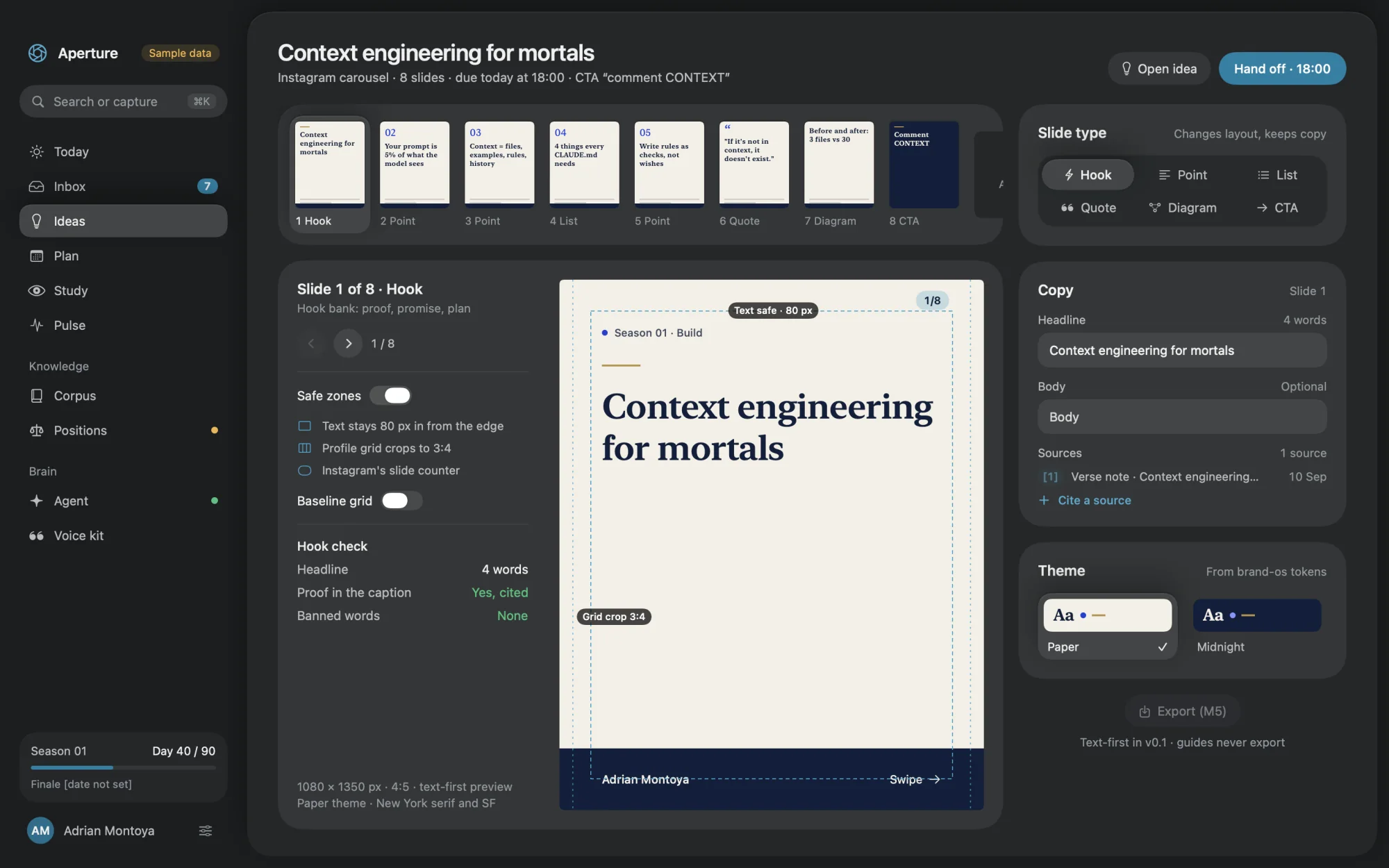 The carousel editor: a strip of eight slide thumbnails, a large preview of slide one with safe-zone guides, and controls for slide type, copy and theme.