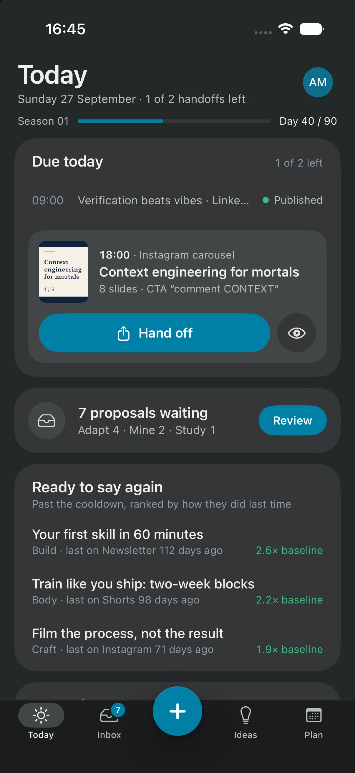 Sourdough Space on iPhone: Today shows the next post to hand off, seven proposals waiting, and ideas ready to say again.